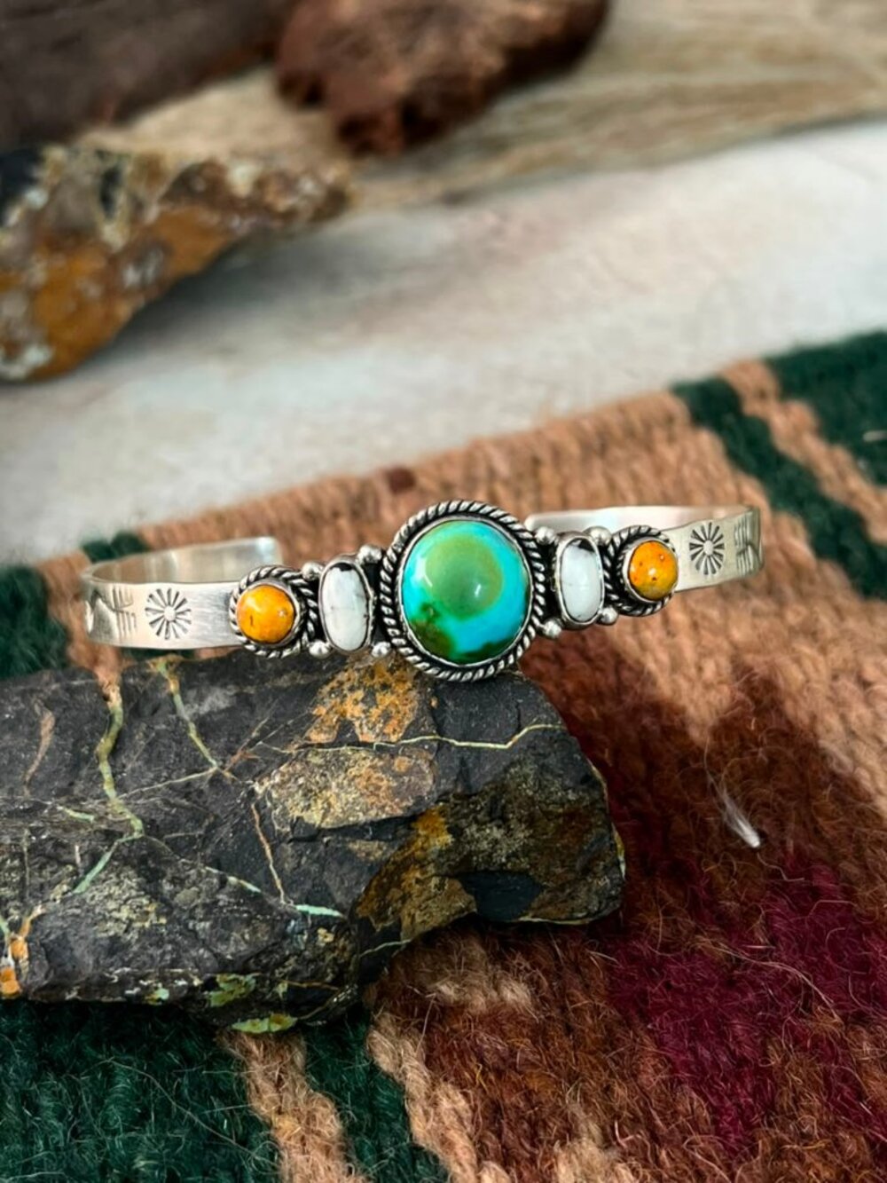 Handmade Sterling Silver Sonoran Mountain Turquoise with Bumblebee and White Buf